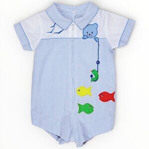 Vintage Baby Boy Fish Fishing Bear Appliqué Collared Bubble Romper Outfit 6m